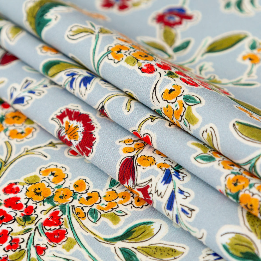 Stretch Cotton Sateen - Light Blue and Red Floral - Poppy Rivieras Print - Mood Exclusive St. Tropez Collection - Joann Fabrics