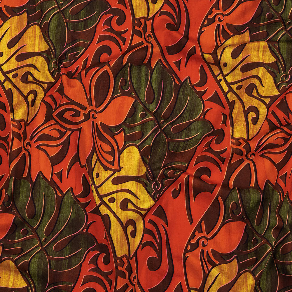 Red, Orange and Olive Green Art Nouveau Leaves UV Protective Compression Swimwear Tricot with Aloe Vera Microcapsules - Joann Fabrics