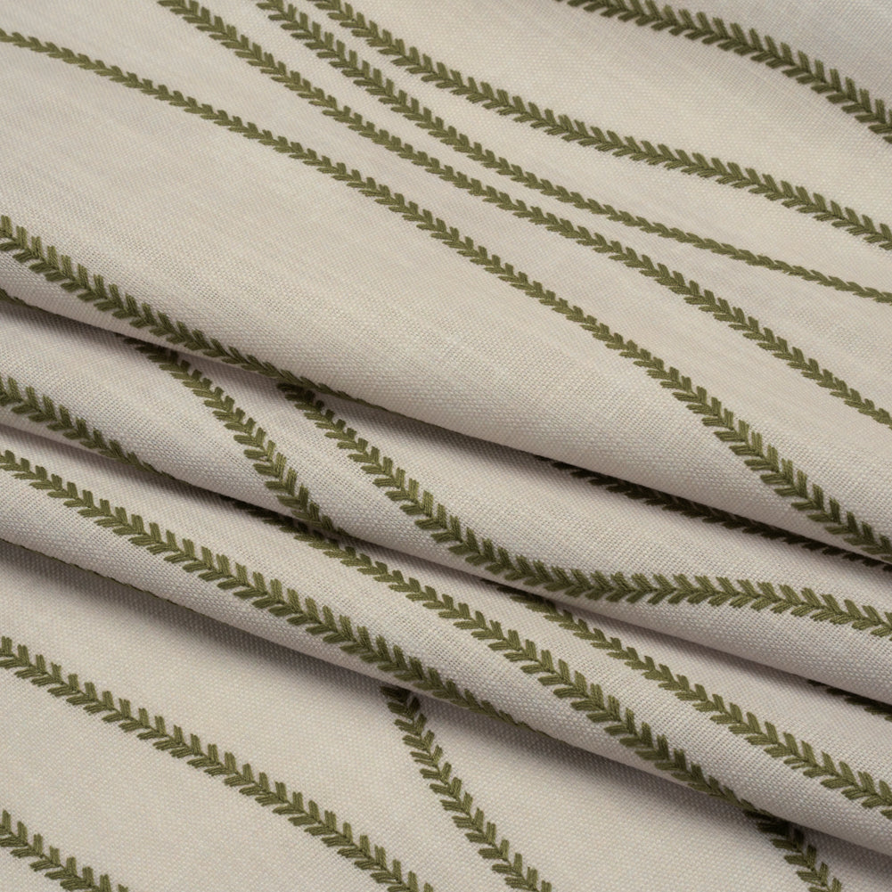 Embroidered Linen-Look Polyester Drapery Woven - Moss Leafy Wavy Lines and Watercolor Texture - British Imported - Joann Fabrics
