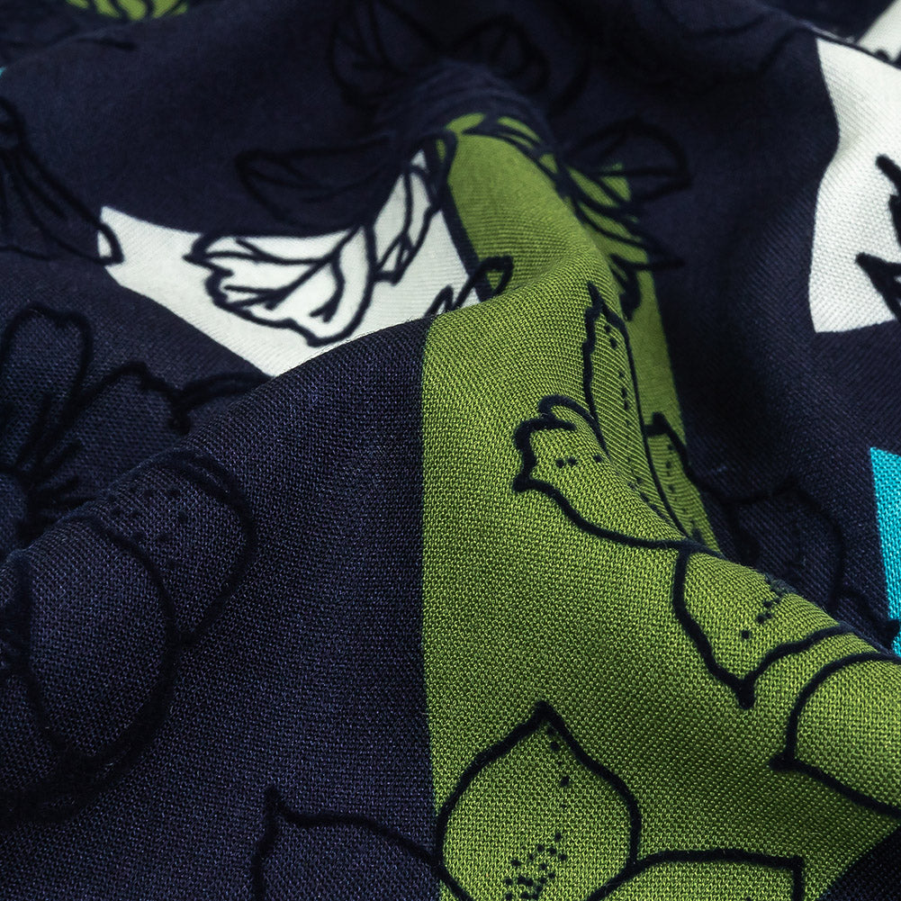 Turquoise, Lime and Navy Flocked Flowers on Geometric Printed Viscose Woven - Joann Fabrics