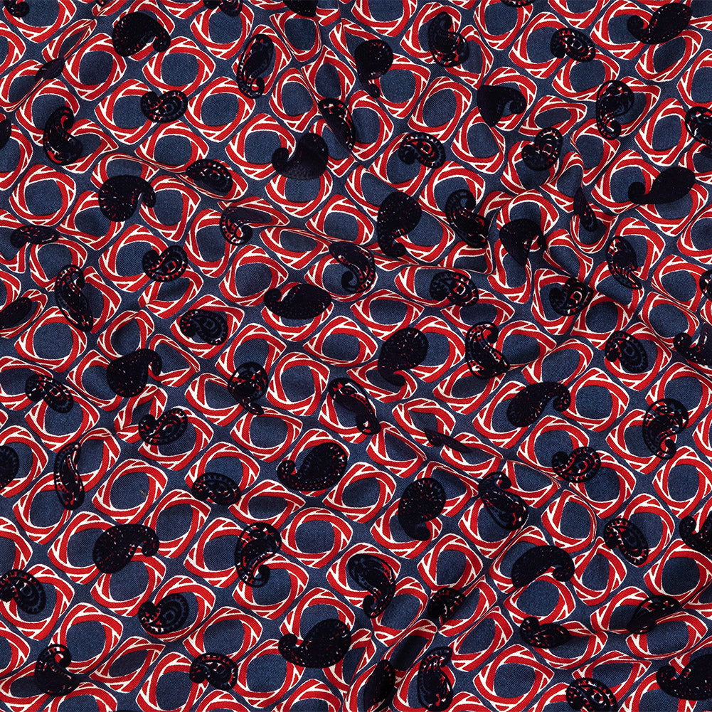 Salsa and Navy Flocked Paisley on Twisted Squares Printed Viscose Woven - Joann Fabrics