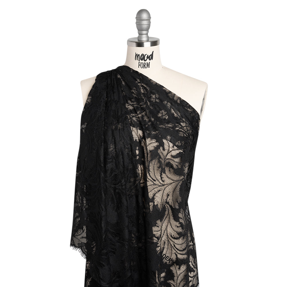 Nylon and Rayon Raschel Lace Panel with Finished Edges - Black Floating Leaves - Joann Fabrics