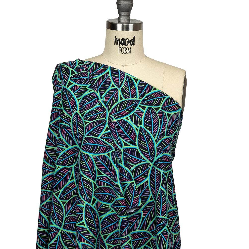 Black, Green and Blue Leaves UV Protective Compression Swimwear Tricot with Aloe Vera Microcapsules - Joann Fabrics