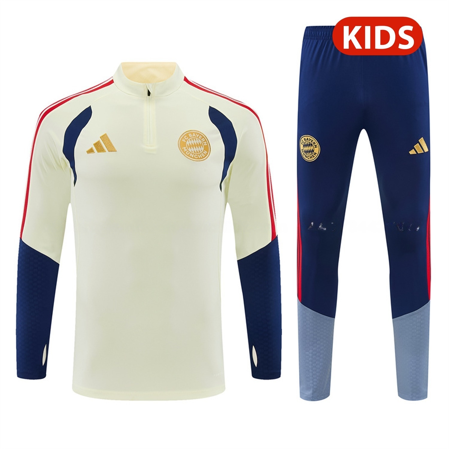 Bayern Munich 26-27 Kids Long Sleeve Training Set - Cream Top & Deep Blue Pants - UnitedFutballJersey