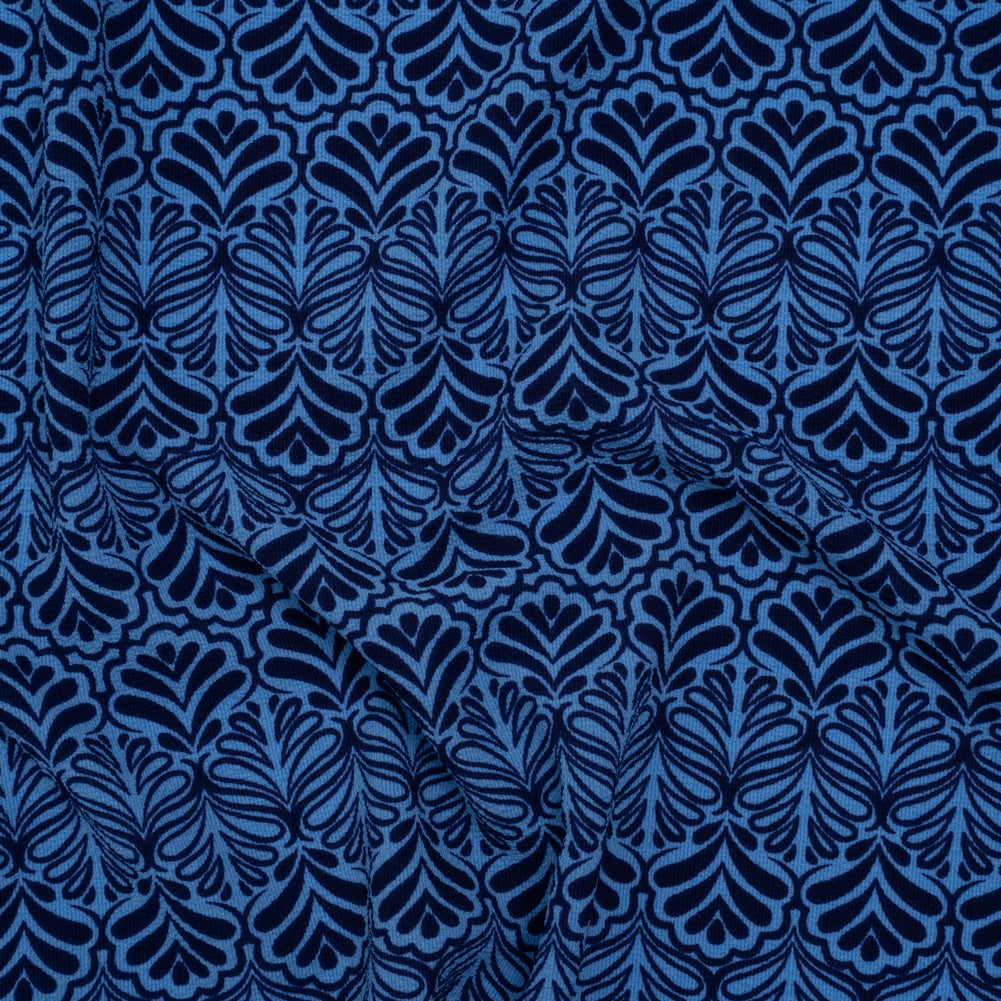 Stretch Polyester Crepe - Blue and Navy Leaf Motifs - Designer Deadstock - Joann Fabrics