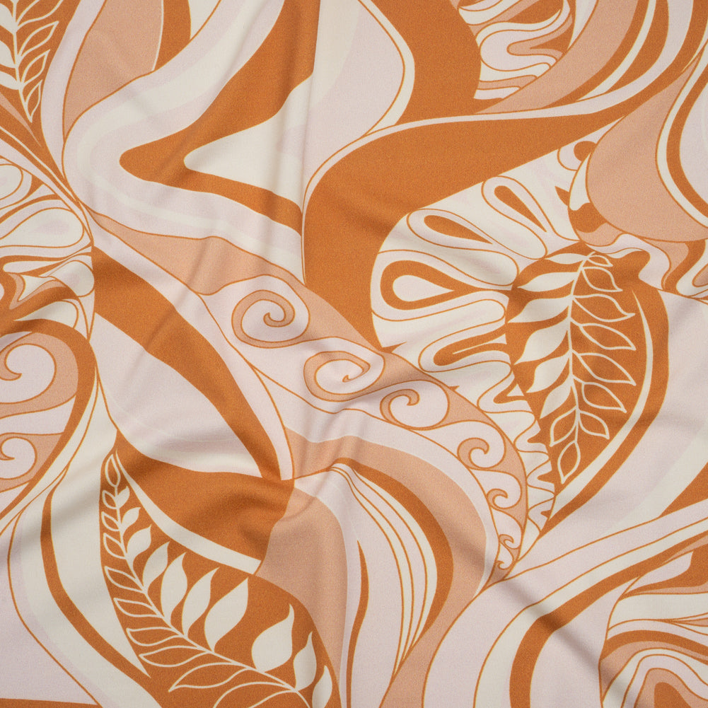 Stretch Nylon Swimwear Tricot - Caramel, Cream and Pale Pink Retro Swirls and Leaves - Designer Deadstock - Joann Fabrics