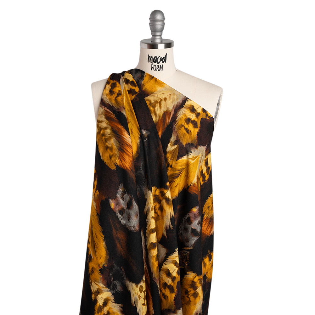 Viscose Crepe - Black, Dark Brown and Golden Yellow Feathers - Mood Exclusive Flight of Fire Print - Joann Fabrics