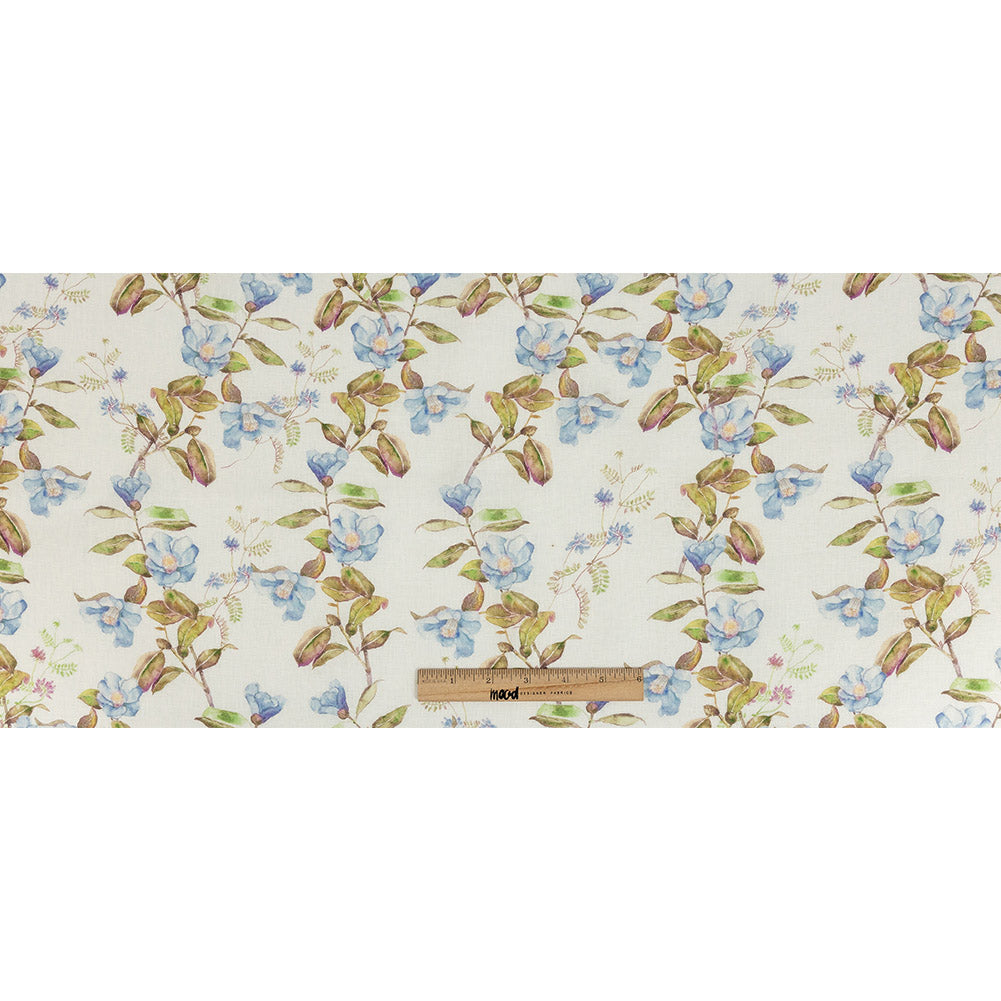 Sky Blue and Olive Watercolor Floral Printed Linen Woven - Joann Fabrics