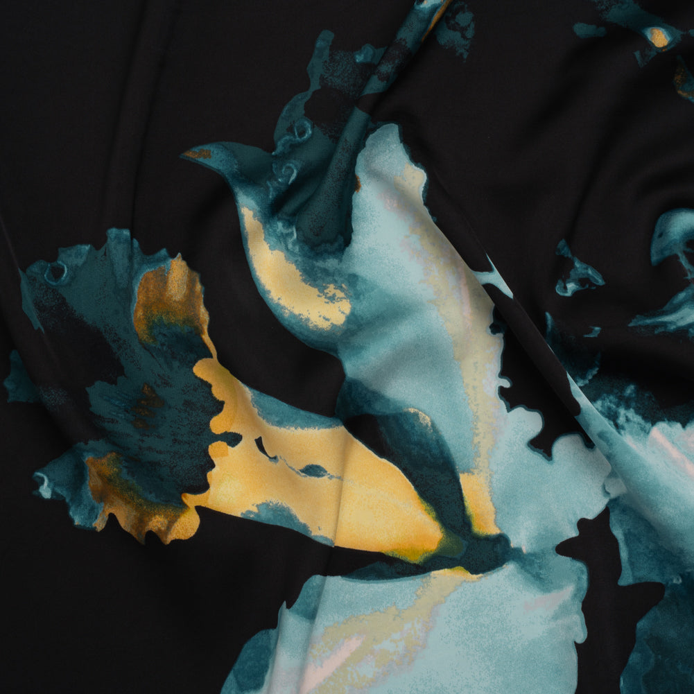 Stretch Polyester Charmeuse - Black, Blue and Yellow Abstracted Watercolor Florals - Designer Deadstock - Joann Fabrics