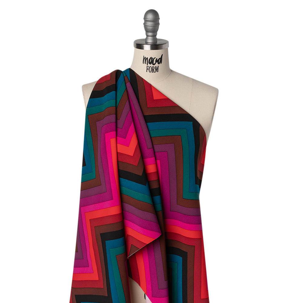 Stretch Rayon 4-Ply Crepe Print by Trina Turk - Pink, Brown and Teal Chevrons - Designer Deadstock - Joann Fabrics