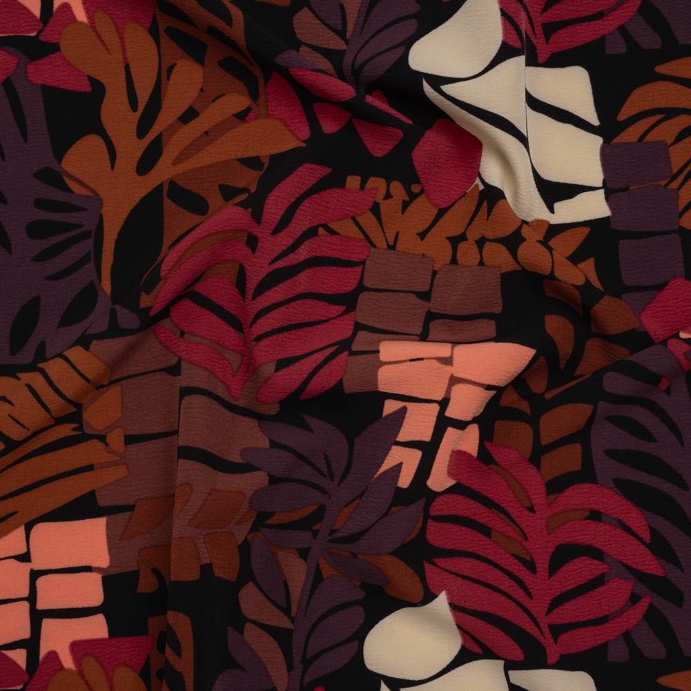Stretch Polyester Crepe Print - Berry Red, Dark Plum and Brown Blocks and Leaves - Designer Deadstock - Joann Fabrics