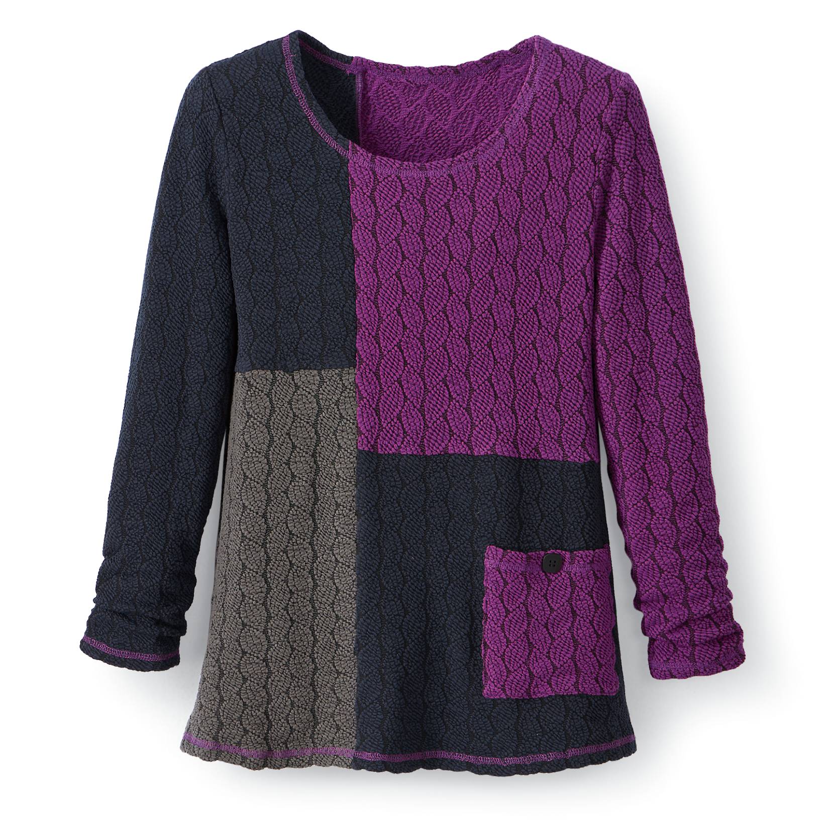 Textural Mixed-Fabric Knit Top, Front Pocket, Long Sleeves - Northstyle Catalog