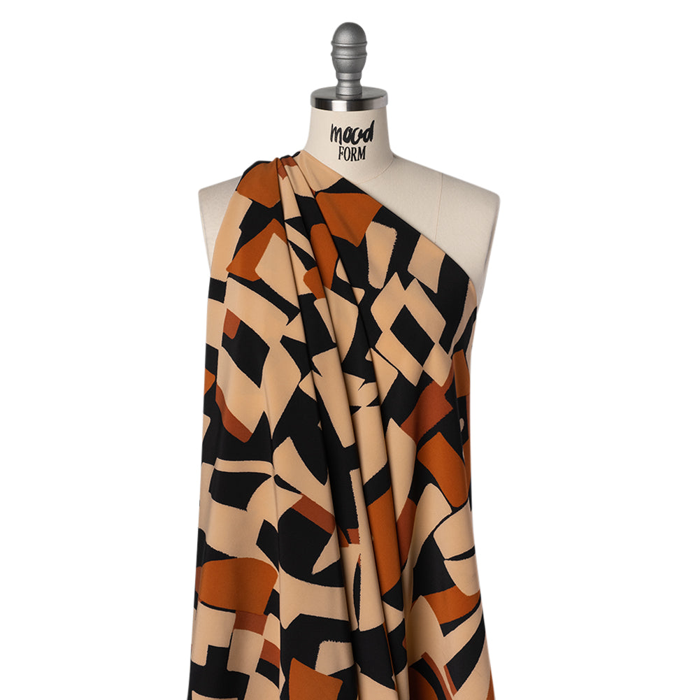 Stretch Polyester Crepe de Chine Print - Beige, Burnt Orange and Black Abstract - Designer Deadstock - Joann Fabrics
