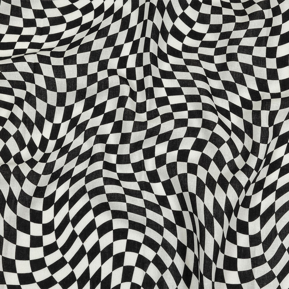 Linen and Rayon Woven - Black and White Warped Checks - Down the Rabbit Hole Print - Mood Exclusive Indigo Collection - Joann Fabrics