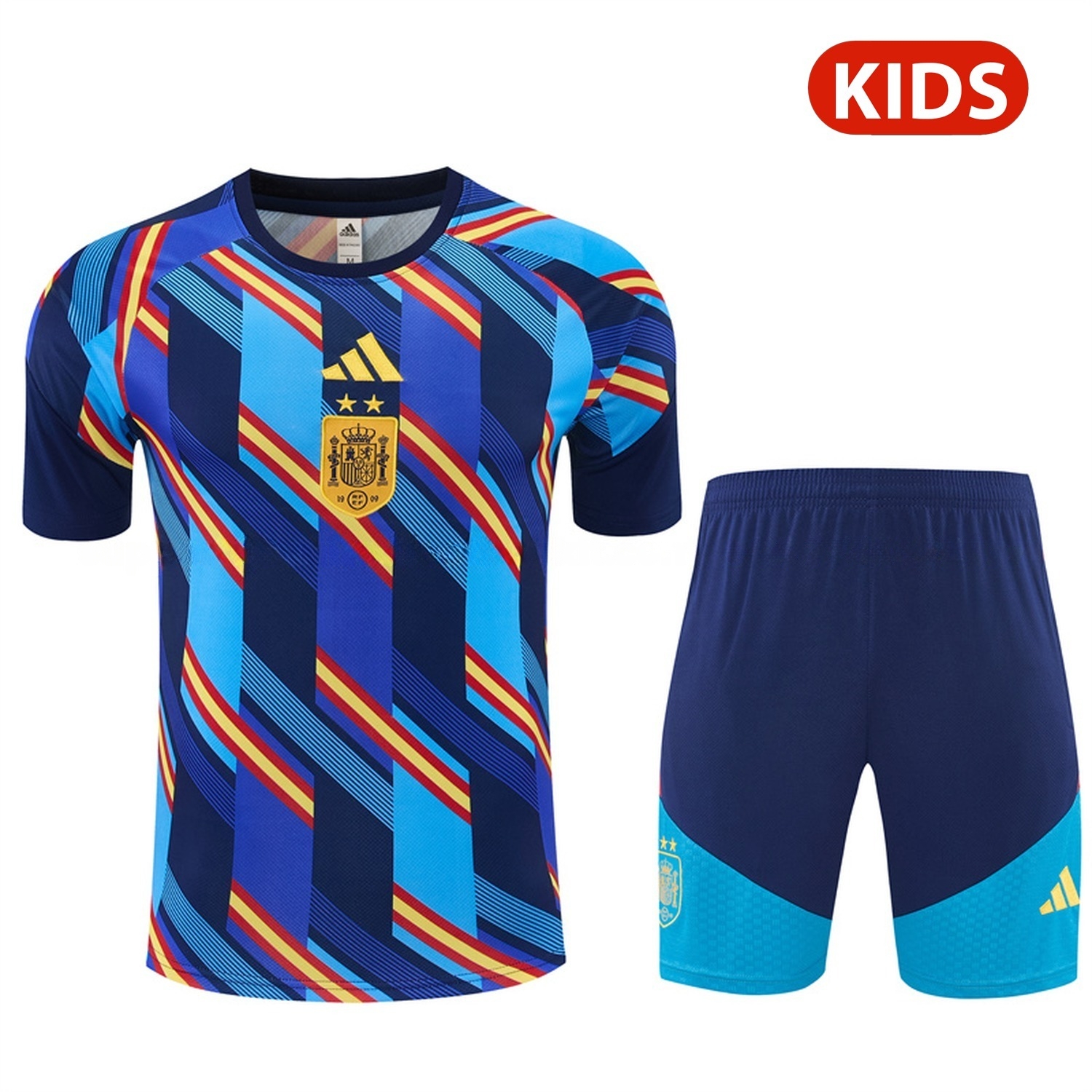 Spain 2026 Stripes Kids Short-Sleeve Training Set - Blue Top & Deep Blue Shorts - UnitedFutballJersey