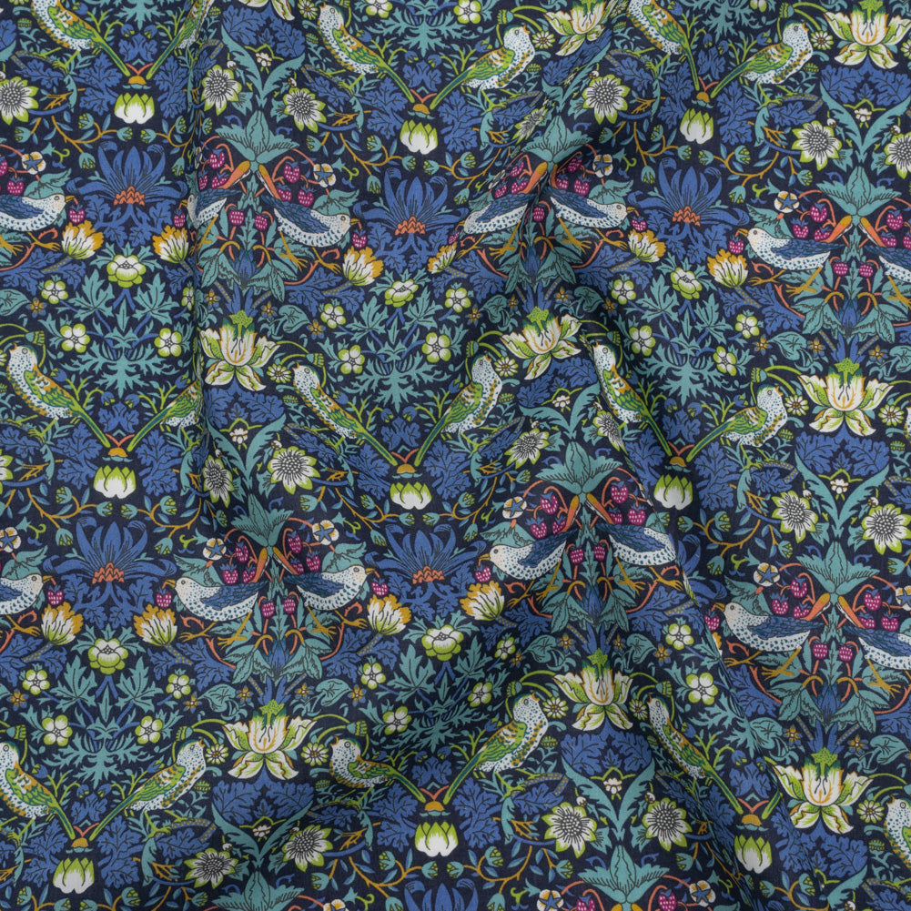 Liberty Fabrics Tana Lawn® - Strawberry Thief Dark Blue - Blue, Lime Green and Berry Pink Birds, Berries and Flowers - Joann Fabrics