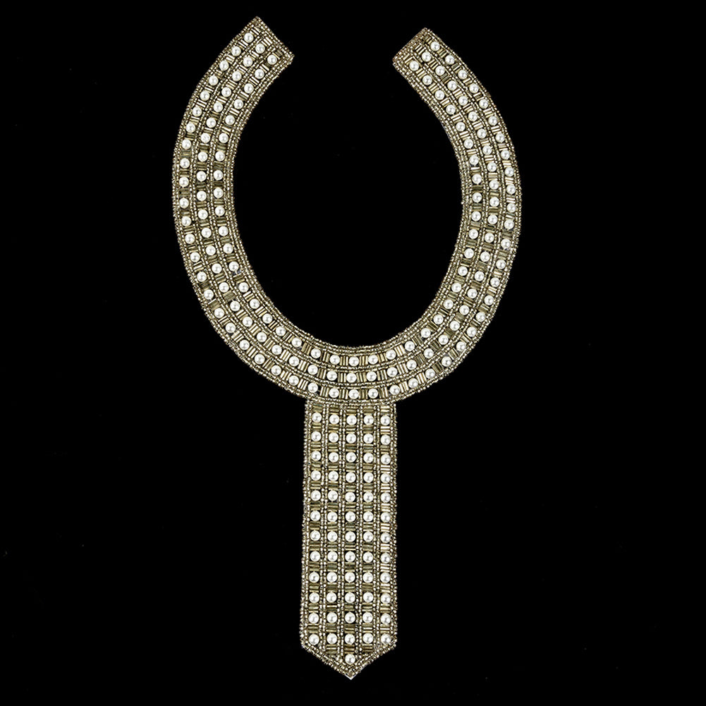 Vintage Fancy Pearl and Silver-lined Beaded Neckline Applique - 13