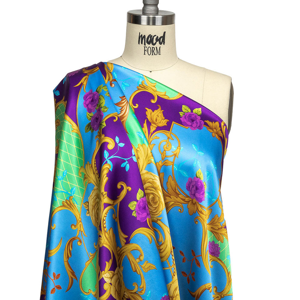 Mood Exclusive Italian Royal Purple, Blue and Gold Rose Filigree Silk Charmeuse - Joann Fabrics