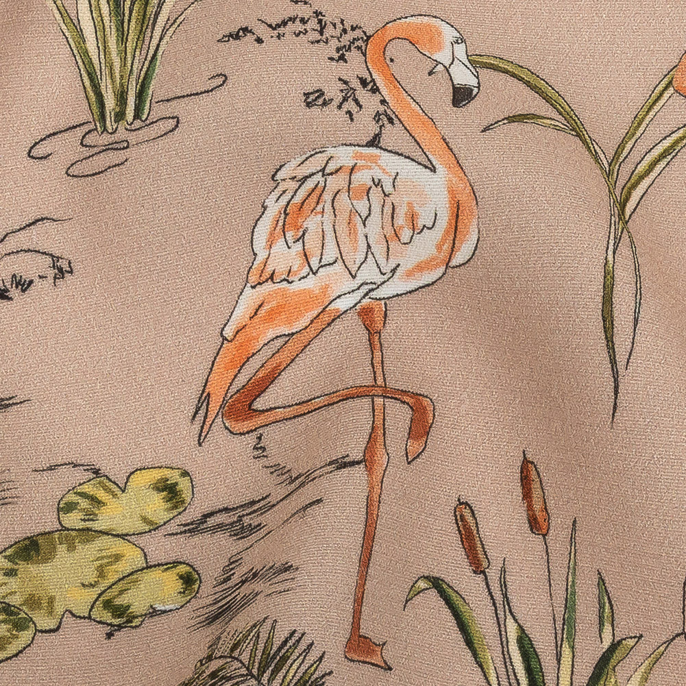Sustainable Viscose Woven Print - Taupe, Pink and Green Flamingoes and Plants - Mood Exclusive Flamingo Festivities - Joann Fabrics