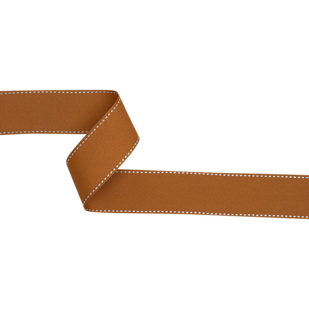 Grosgrain Ribbon with White Stitched Borders - Light Brown - 1.5