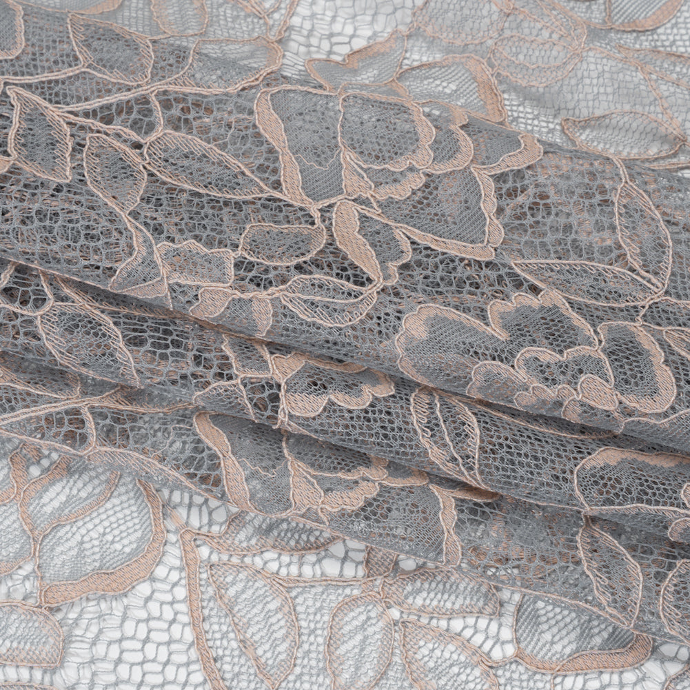 Corded Lace with Finished Edge - Seashell Pink on Dusty Blue Sweeping Roses - Joann Fabrics
