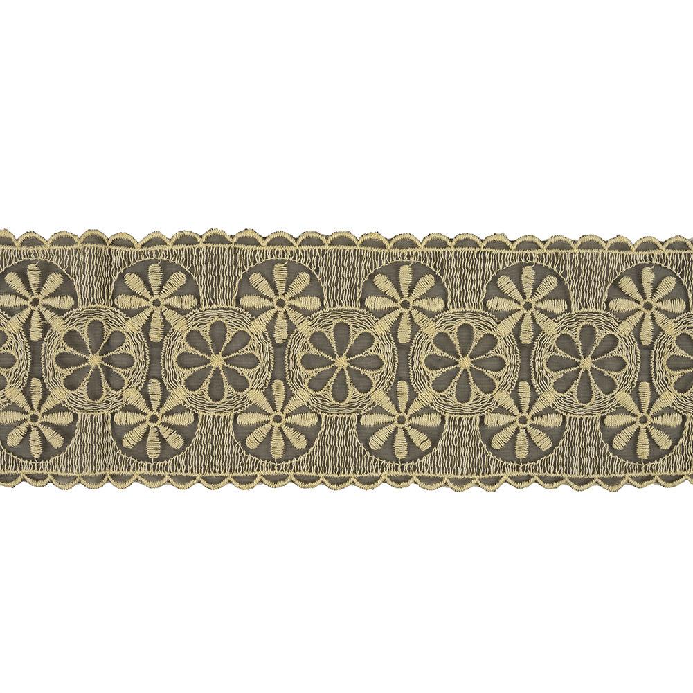 Pistachio Shell and Black Circles and Flowers Embroidered Mesh Lace Trim with Scalloped Borders - 4.25