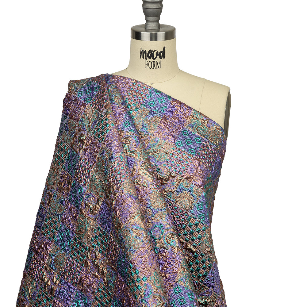 Metallic Patrician Purple, Teal Green and Gold Earth Patchwork Luxury Brocade - Joann Fabrics