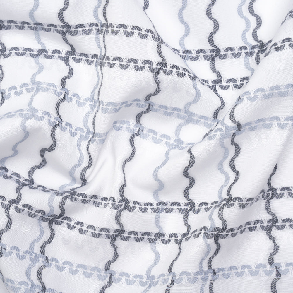 Cotton Jacquard Shirting - Charcoal, Pale Blue and White Wavy Lines Plaid - Deadstock - Joann Fabrics