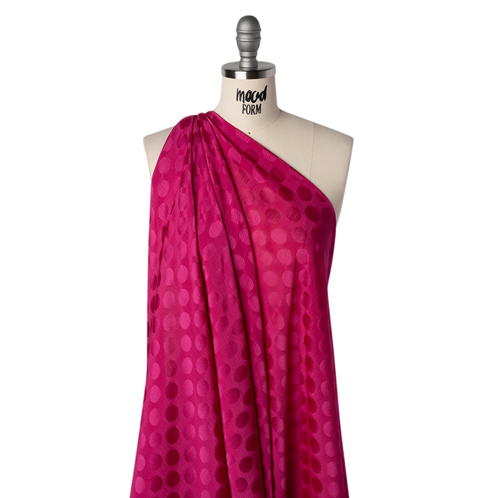 Crinkled Polyester Satin-Face Chiffon Jacquard - Fuchsia Polka Dots - Designer Deadstock - Joann Fabrics