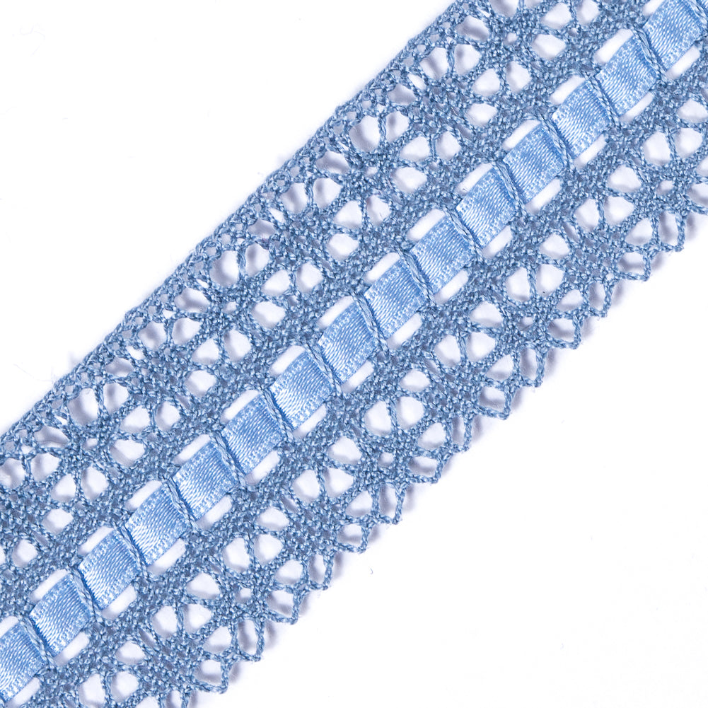 European Light Blue Scalloped Crochet Trim with Ribbon Detail - 1.5