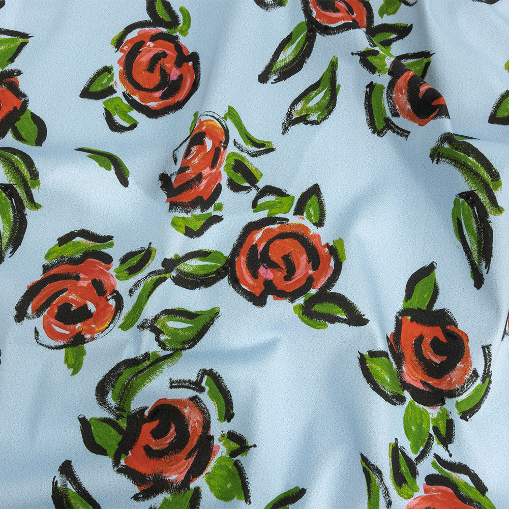 Stretch Cotton and Viscose Sateen Print - Light Blue, Red and Green Roses - Mood Exclusive Mostly Rosy - Joann Fabrics