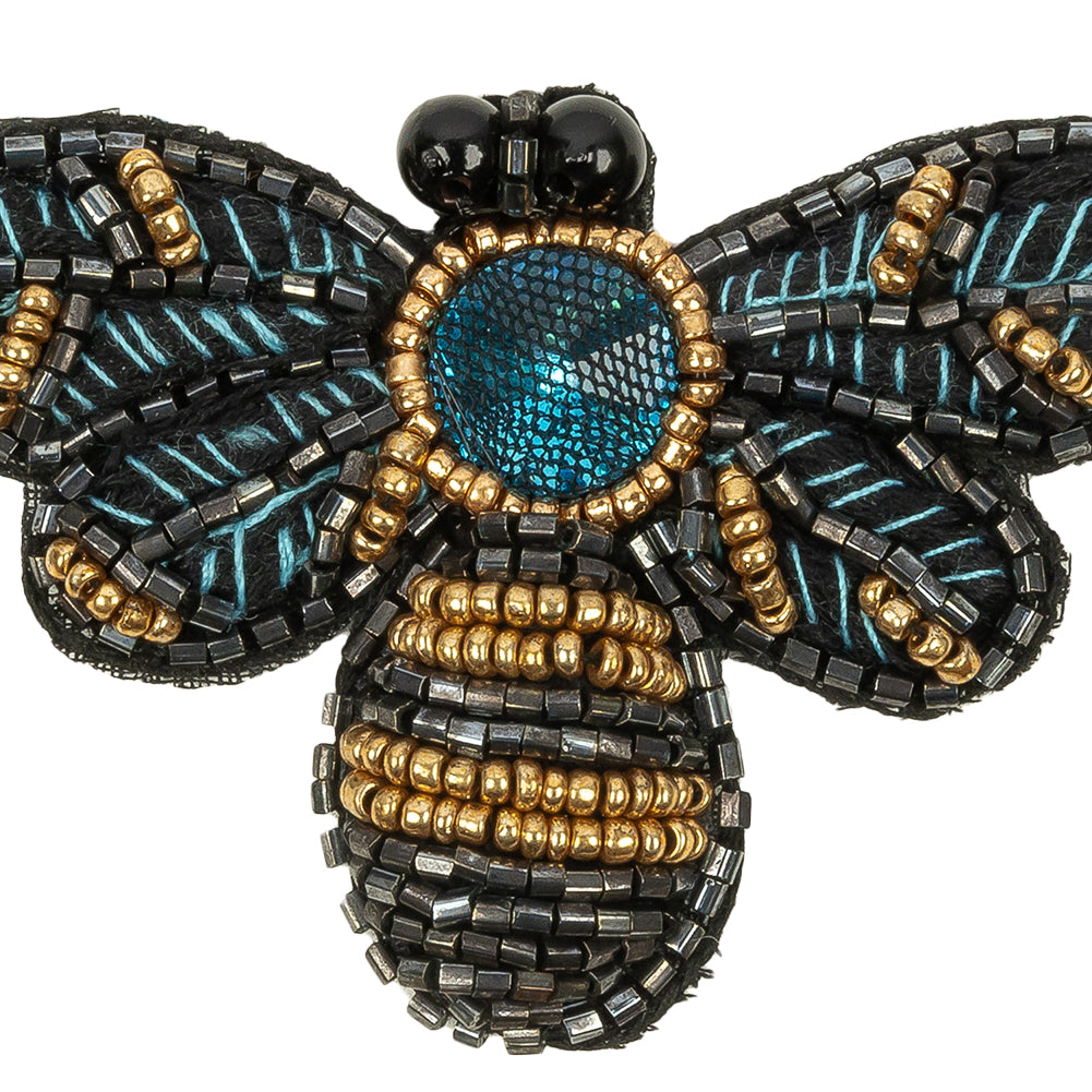 Black, Teal and Gold Fly Embroidered and Glass Beaded Applique - 1.875