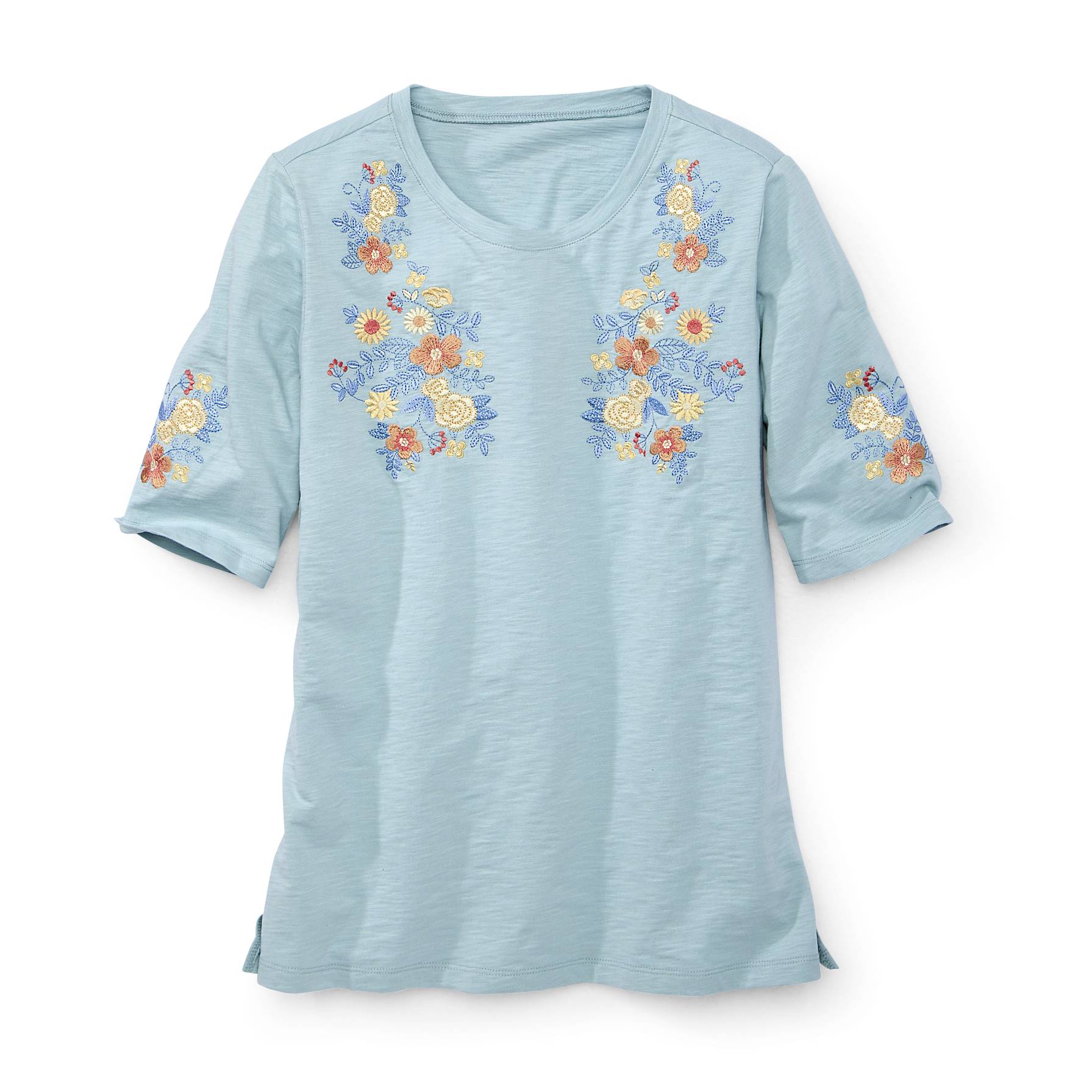 Embroidered Cotton Elbow-Sleeve Top, Round Neck - Northstyle Catalog