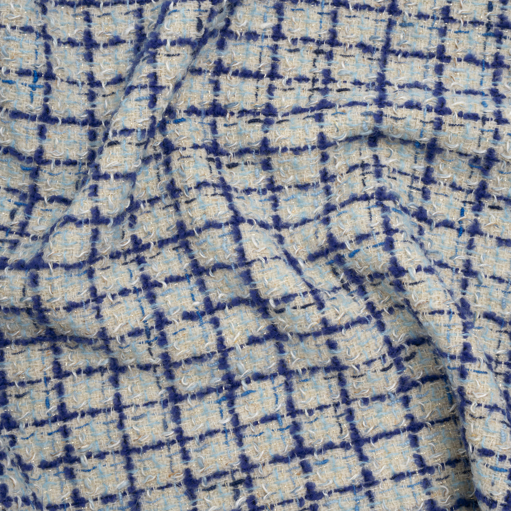 Metallic Wool Blend Tweed Boucle Made in Italy - Pale Gray, Cobalt and Sky Blue Plaid - Deadstock - Joann Fabrics