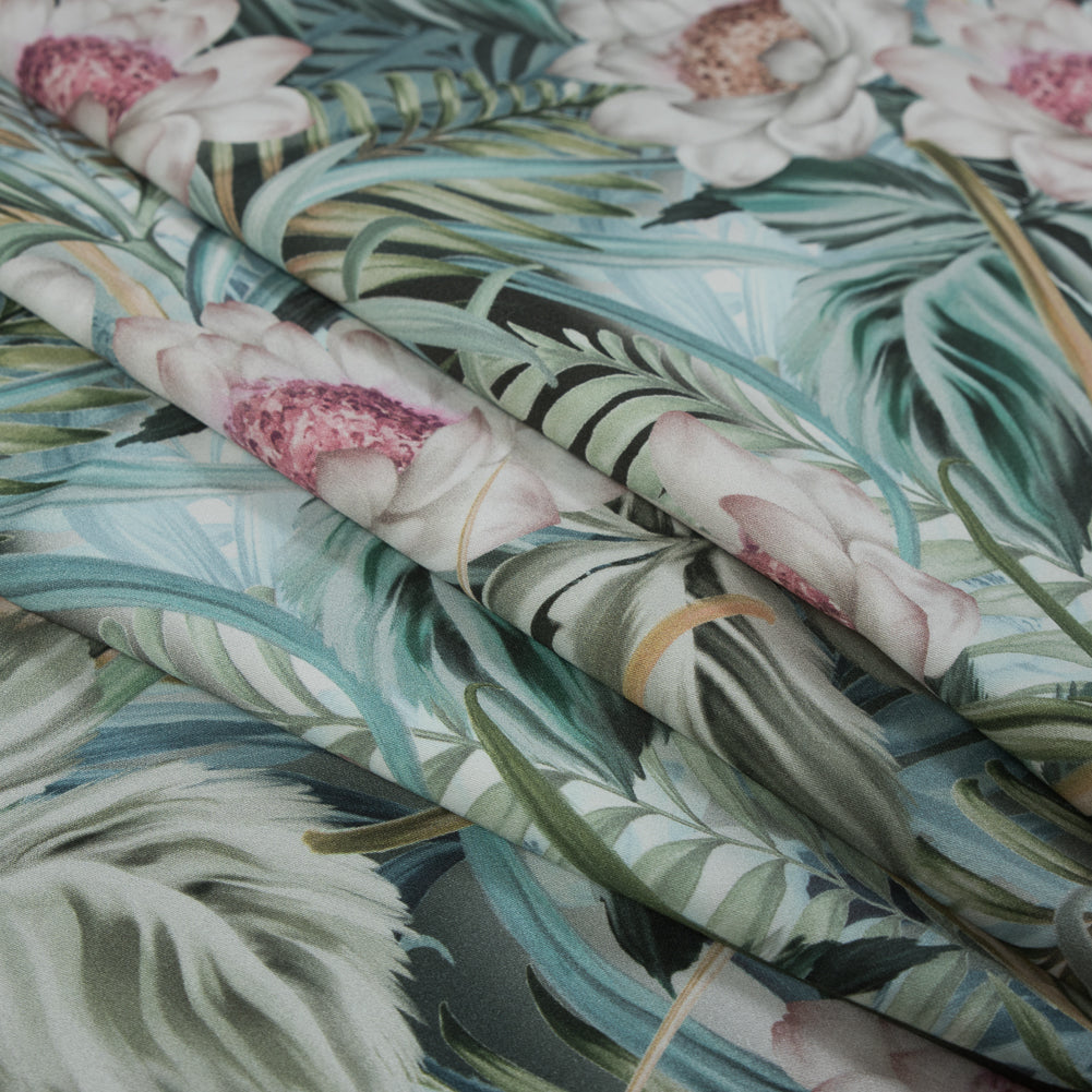 Stretch Cotton Sateen - Green Floral and Leaves - Warmth of Thoughtfulness Print - Mood Exclusive Key Largo Collection - Joann Fabrics