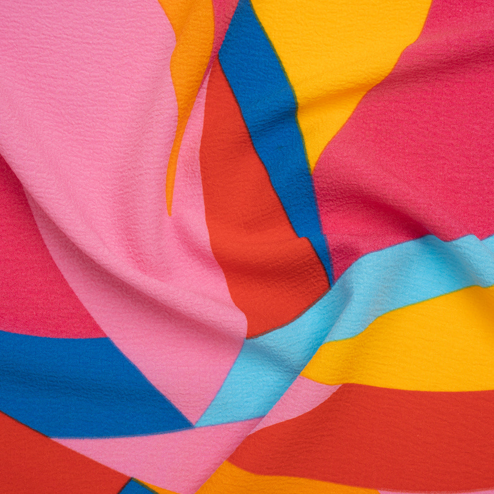 Stretch Polyester Seersucker Print - Pink, Golden Yellow and Blue Abstract - Designer Deadstock - Joann Fabrics