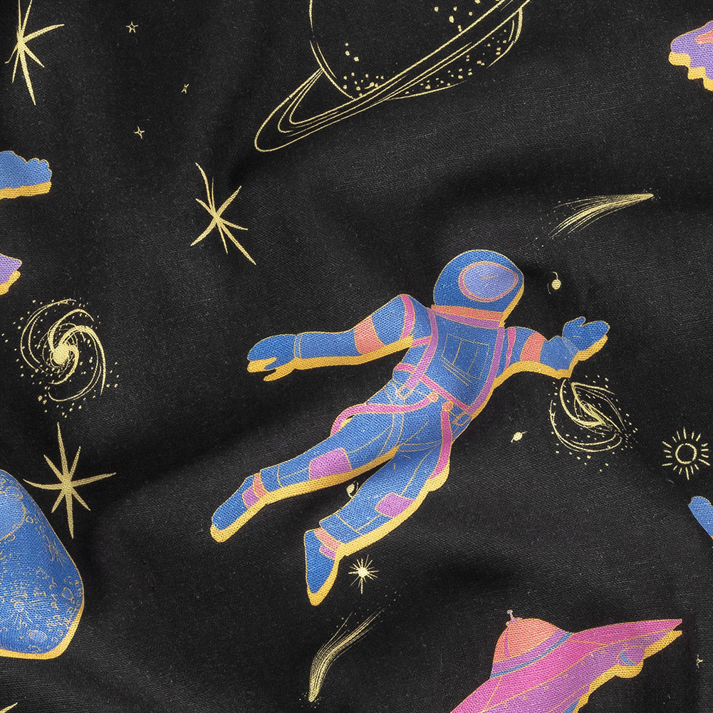 Linen and Rayon Woven - Black, Pink and Blue Astronauts in Space - Sweet Dreams Print - Mood Exclusive Sugar Collection - Joann Fabrics