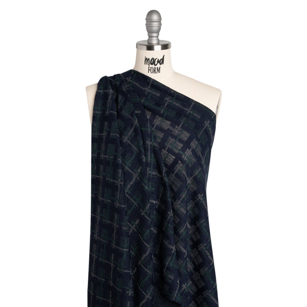 Acrylic Sweater Knit - Navy Blue, Dark Green and Gray Plaid - Designer Deadstock - Joann Fabrics