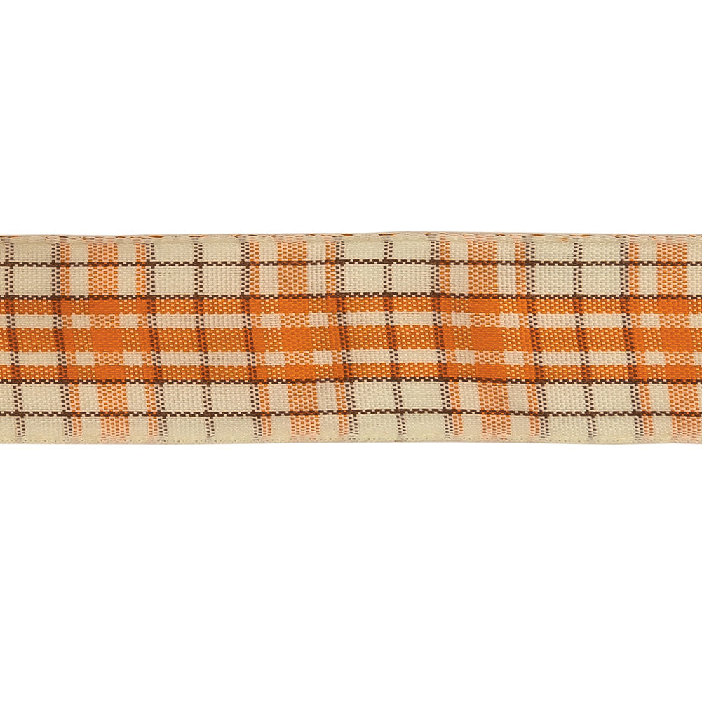 Golden Poppy, Brown and Vanilla Ice Plaid Woven Ribbon - 1
