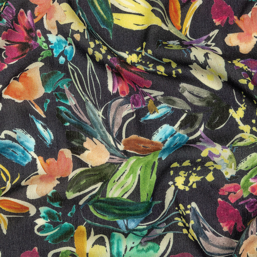 Gauzy Wrinkled Rayon Woven Print - Navy and Rainbow Floral - Mood Exclusive Midsummer's Night - Joann Fabrics