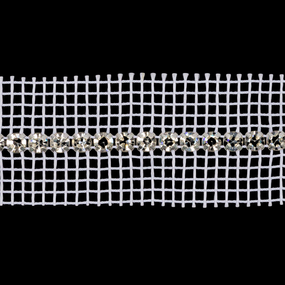 Vintage Czech Crystal and Silver Single Row Rhinestones on Double Edge White Mesh Trimming - 1.25