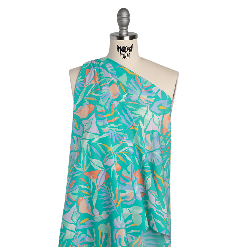 Stretch Nylon Crepe Print - Bright Teal, Periwinkle and Orange Tropical Leaves - Deadstock - Joann Fabrics