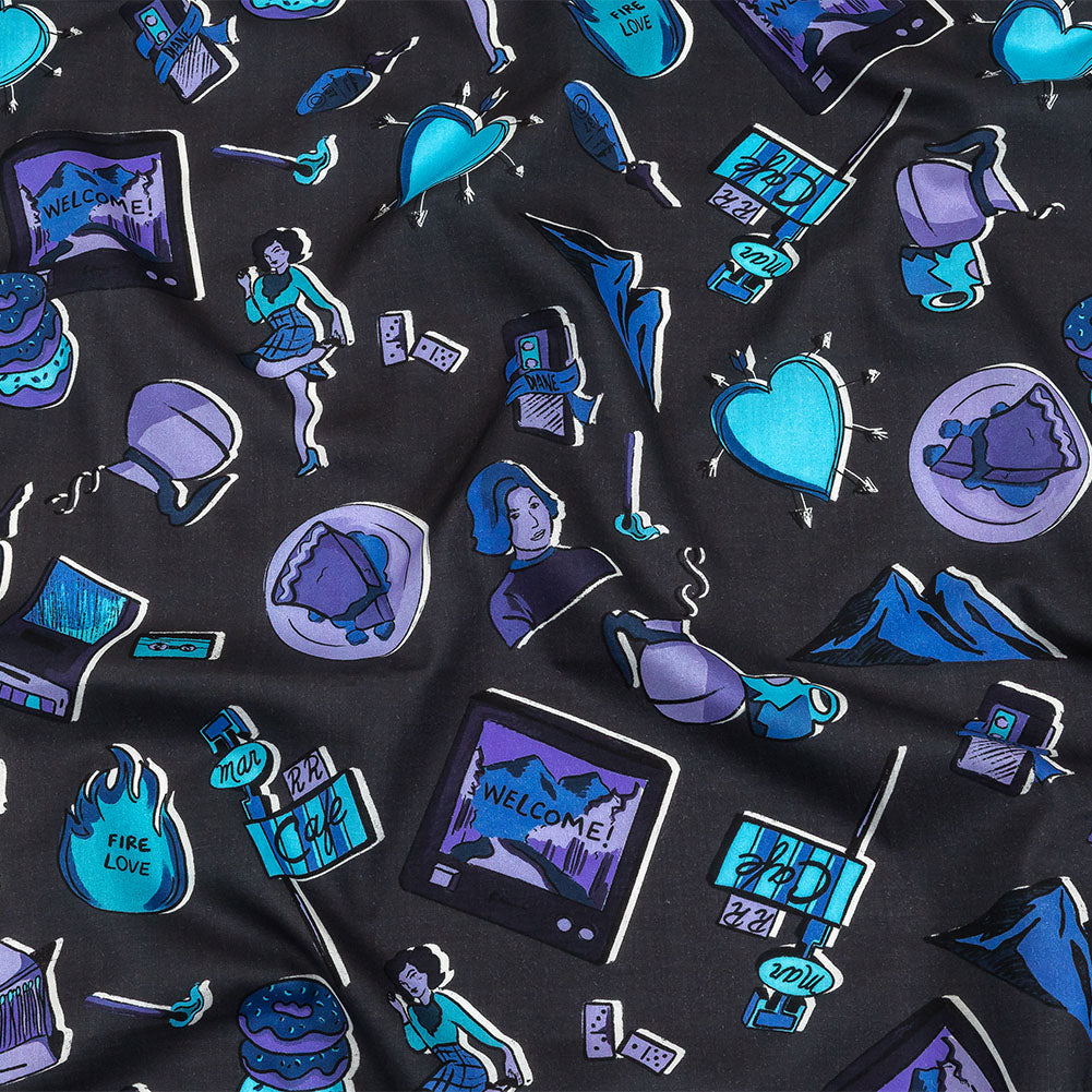 Cotton Voile - Purple and Blue Iconic Symbols - Live at Sun Studio Print - Mood Exclusive Indigo Collection - Joann Fabrics