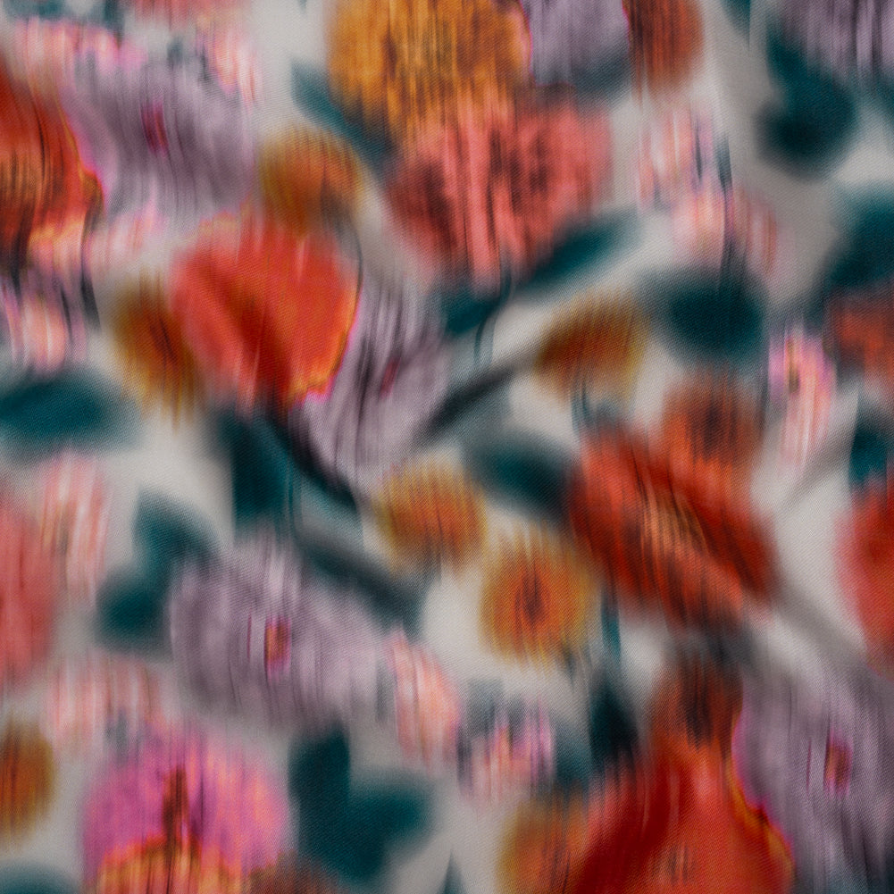 Polyester Mikado - Red Orange, Lilac and Dark Teal Ikat Flowers - Mood Exclusive Echoes of Eden Print - Joann Fabrics