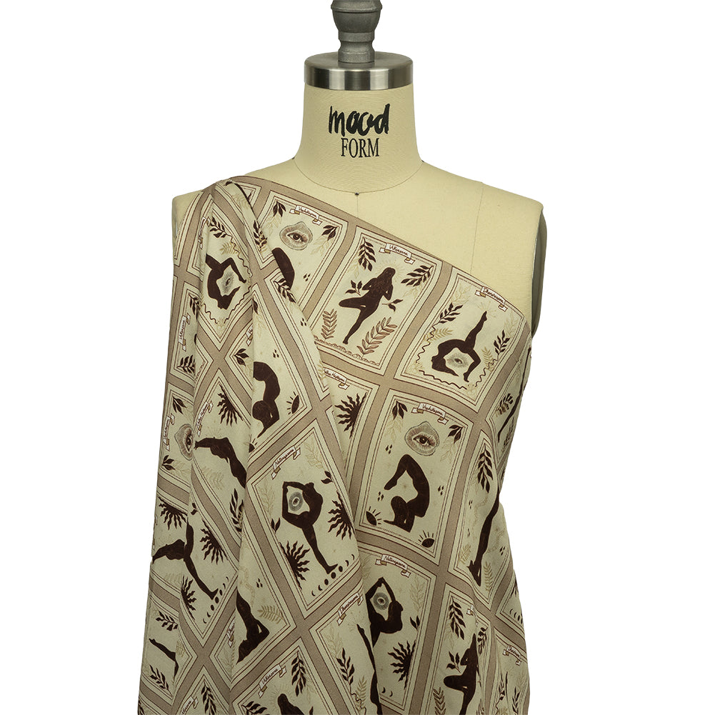Rayon Challis - Beige and Brown Yoga Cards - Finding Balance Print - Mood Exclusive Rockland Collection - Joann Fabrics