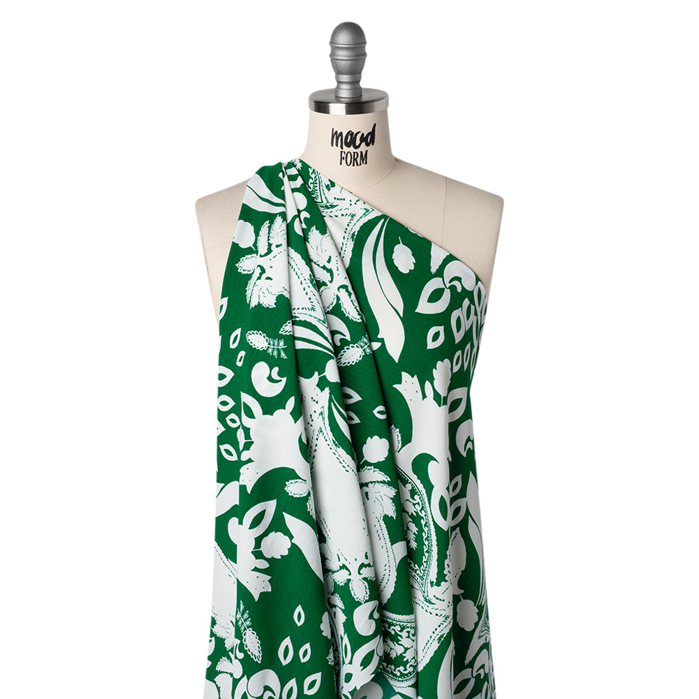 Polyester Woven Print - Emerald Green and White Floral - Designer Deadstock - Joann Fabrics