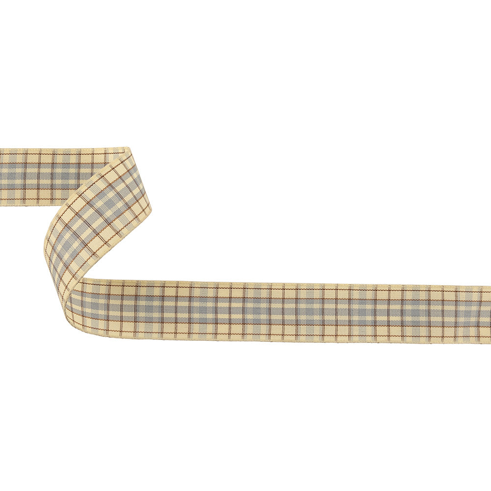 Gray, Brown and Vanilla Ice Plaid Woven Ribbon - 1