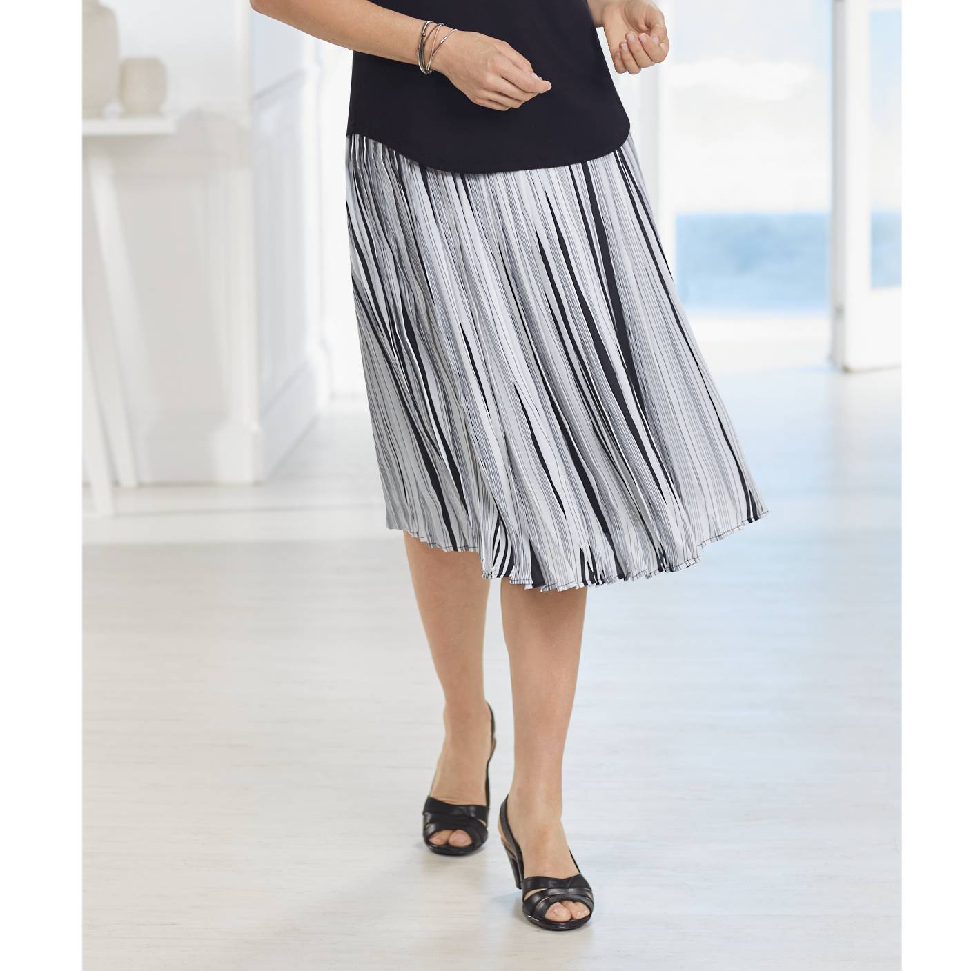Pleated Stripe Skirt, Pleated Georgette, Wide Elastic Waistband - Northstyle Catalog