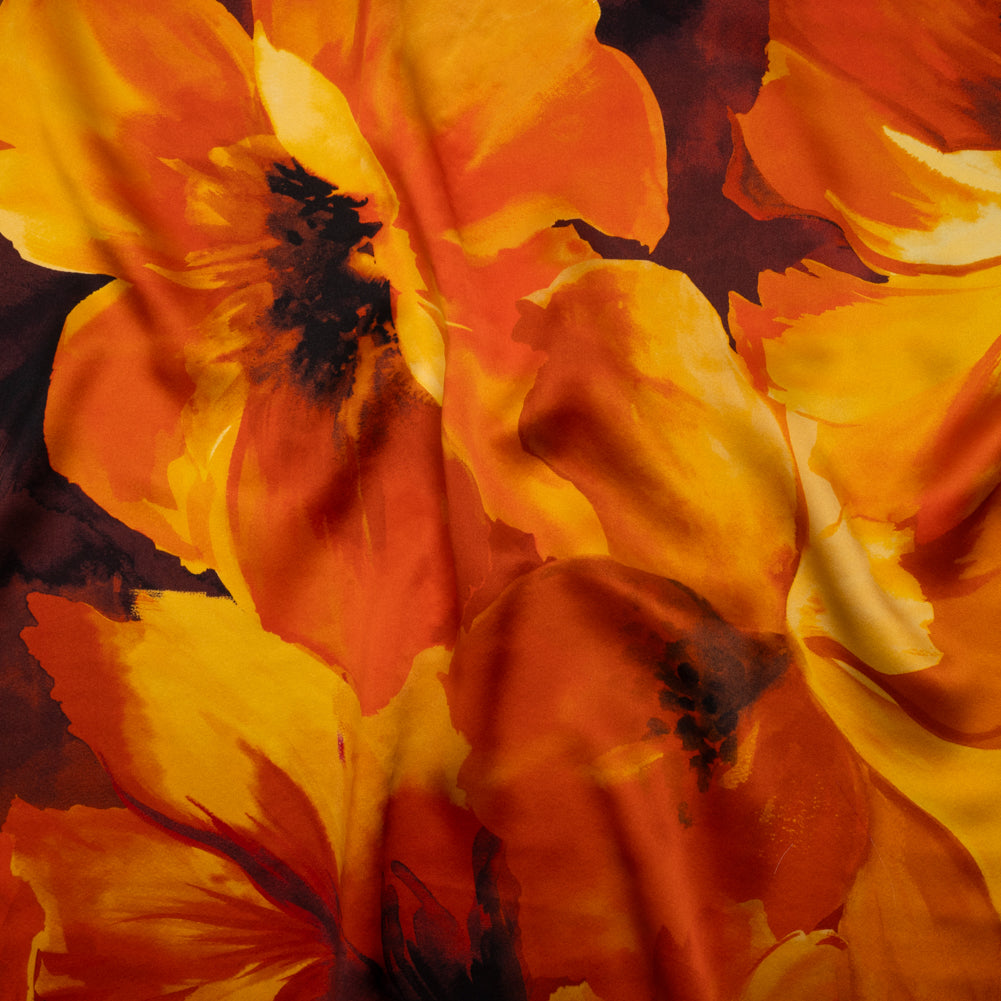 Silk Charmeuse Print 16MM, Made in Italy - Dark Orange, Golden Yellow and Russet Brown Painterly Flowers - Joann Fabrics