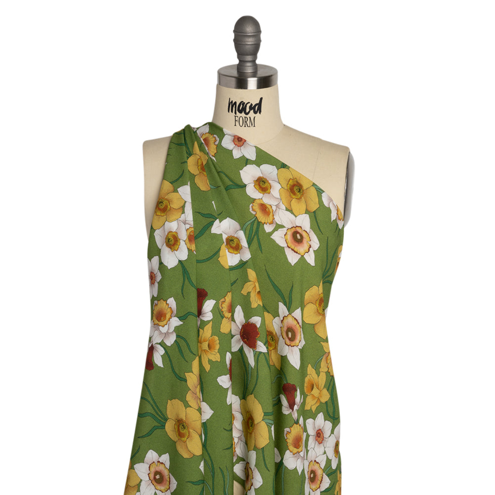 Viscose Crepe Print - Green, Yellow and Red Floral - Mood Exclusive Dizzy about Daffodils - Joann Fabrics